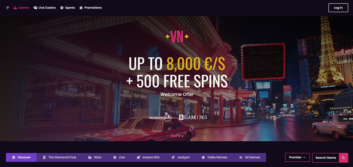 Vegasnow Casino-Startseite mit neonbeleuchteter Las-Vegas-Straßenszene und einem Eiffelturm-Nachbau, der einen Willkommensbonus von bis zu 8.000 CHF/€ und 500 Freispiele bewirbt. Die Oberfläche bietet Navigation für Casino, Live-Casino, Sportwetten, Angebote sowie Kategorien wie Diamond Club, Sofortgewinn, Jackpots und Tischspiele.