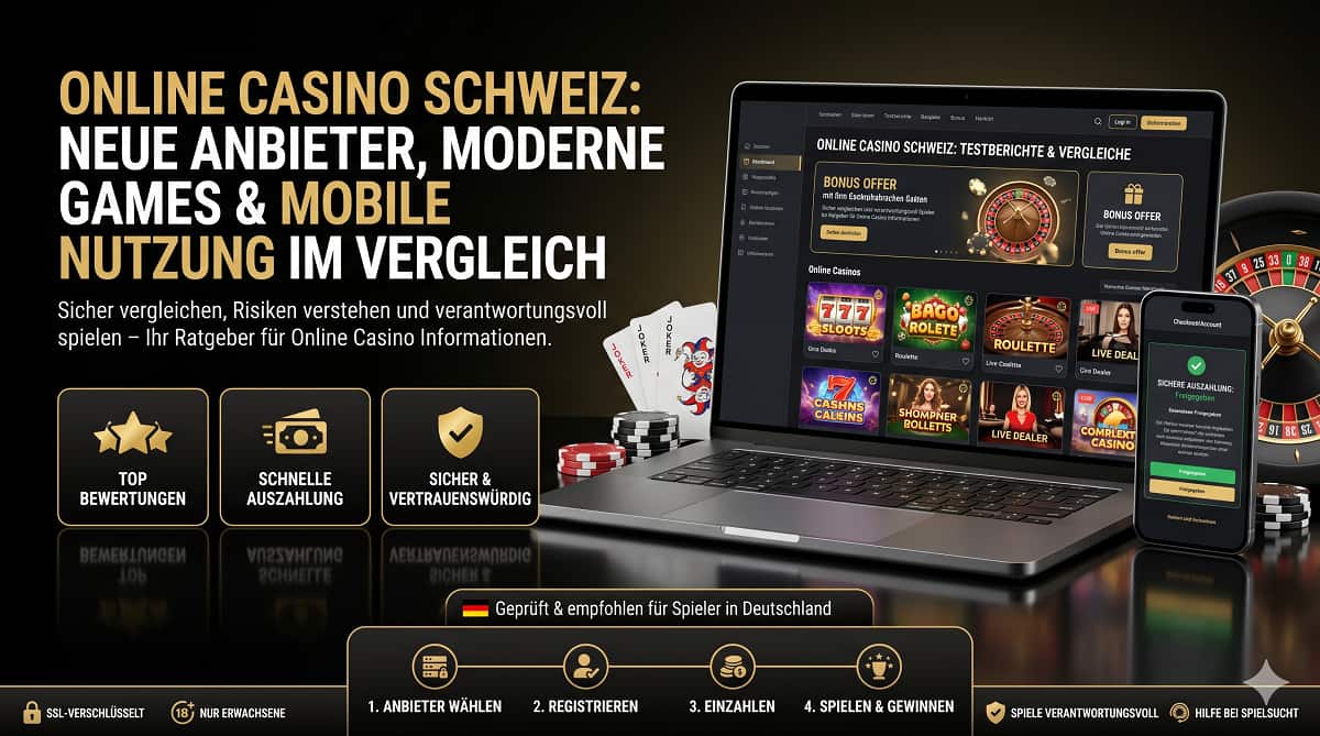 Ein edles Casino-Hero-Banner mit nützlichen Informationen und Testberichten zum Thema Online Casino Schweiz.